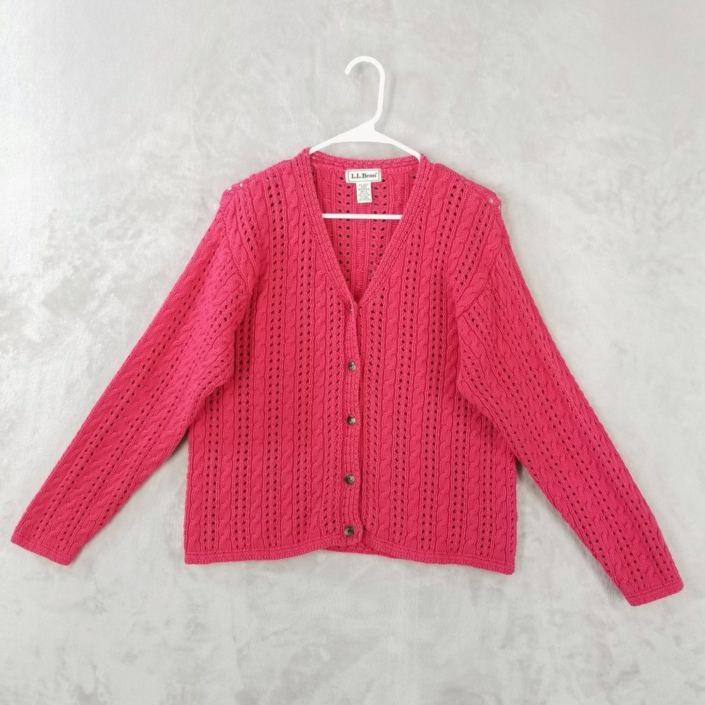 Vintage LL Bean Cardigan Sweater Womens M Red Cotton Pointelle Cable Knit V-Neck